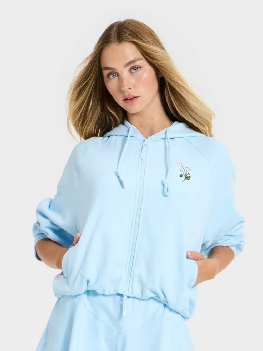 Joy Lab Bubble Hem Cropped Full Zip Sweatshirt Hoodie Daisy Embroidery Lounge S